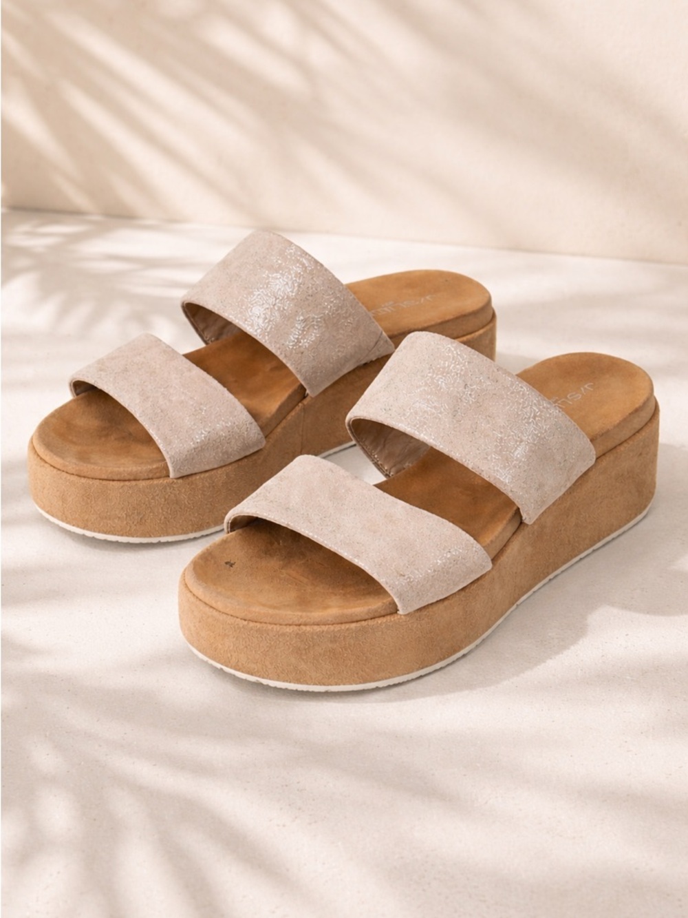 J Slides Double-Strap Platform Wedge Sandals in Taupe